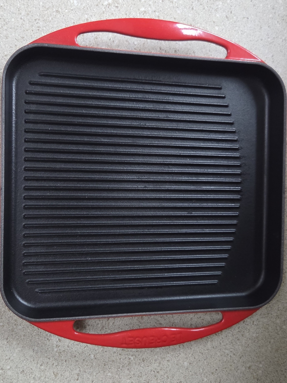 Le Creuset Red Square Cast Iron Grill Pan with Ridged Surface
